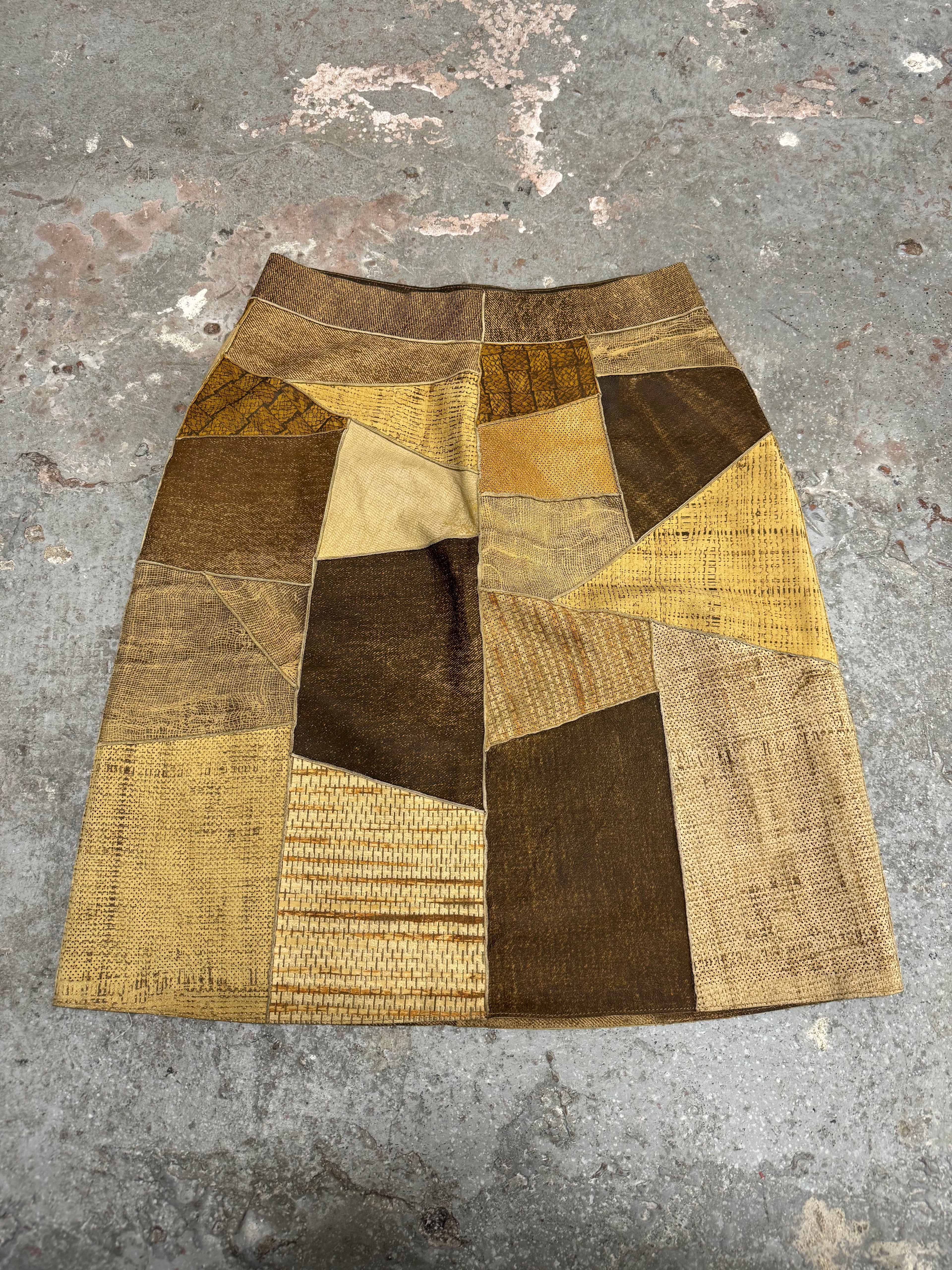 2000s Roberto Cavalli Patchwork Hybrid Leather Camel Skirt (S)