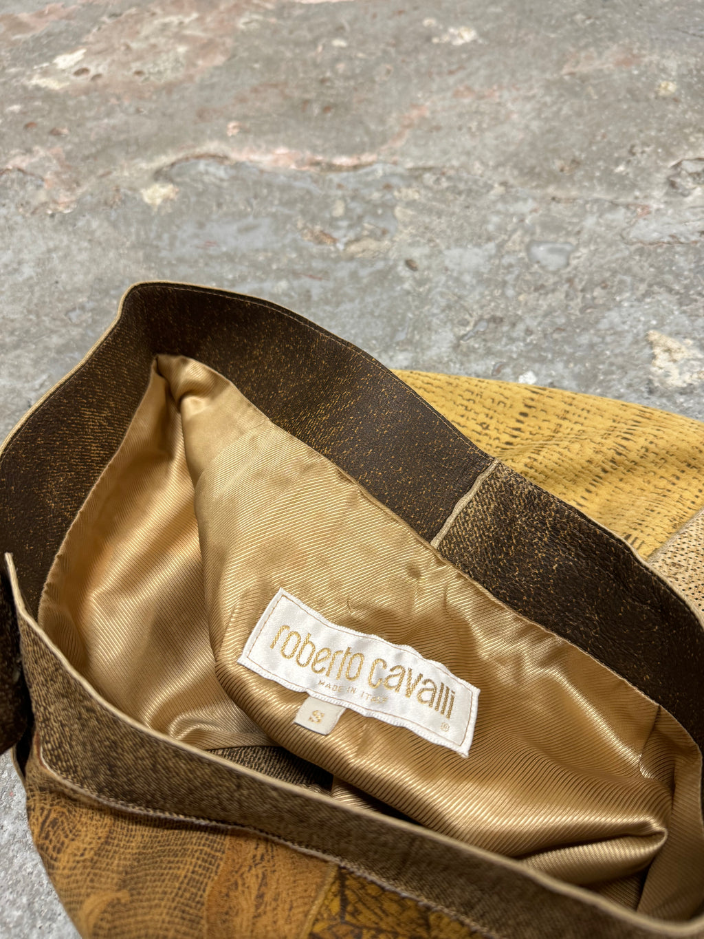 2000s Roberto Cavalli Patchwork Hybrid Leather Camel Skirt (S)