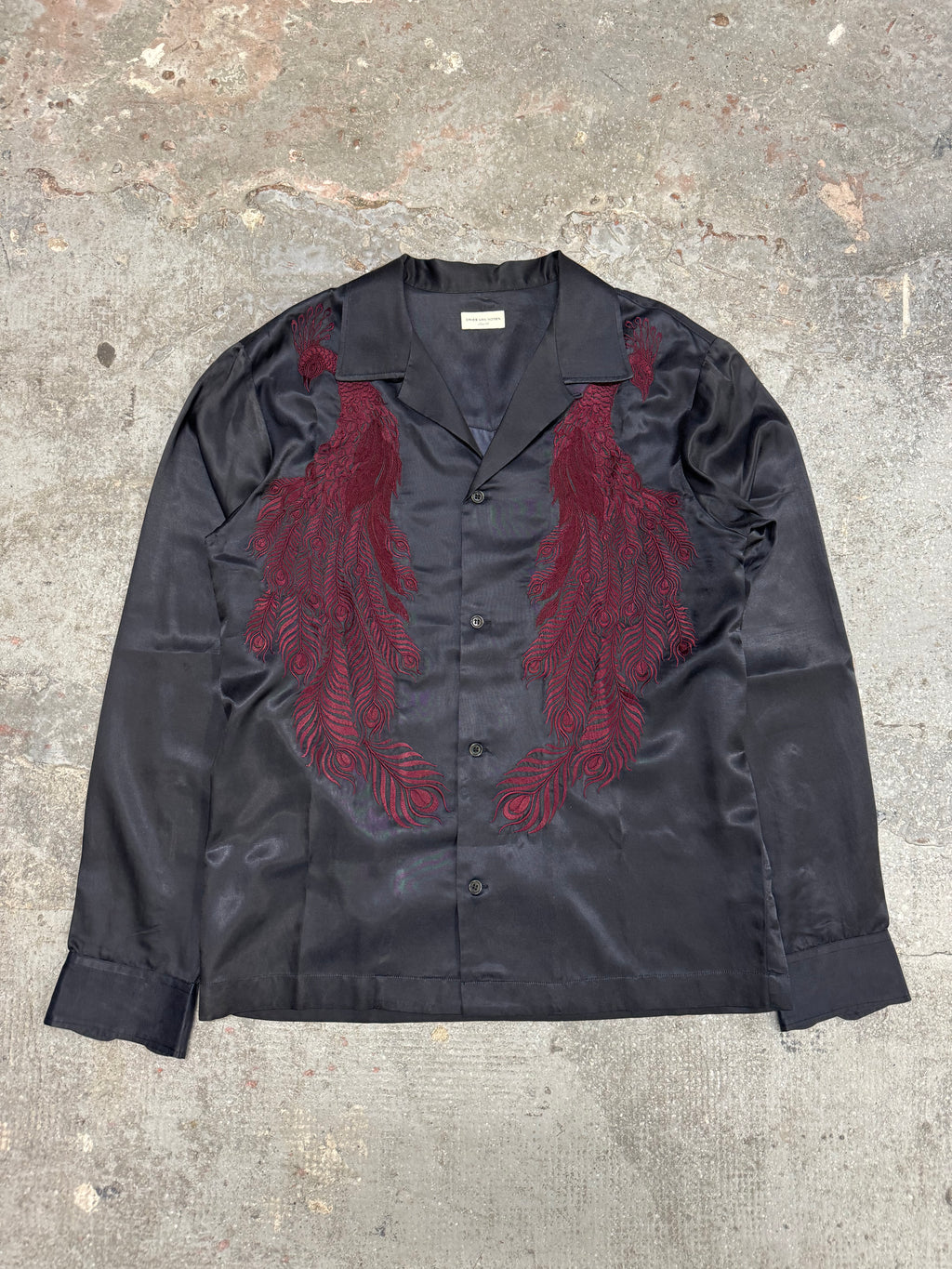 AW2016 Dries Van Noten Embroidered Peacock Feathers Black Satin Shirt (M/L)
