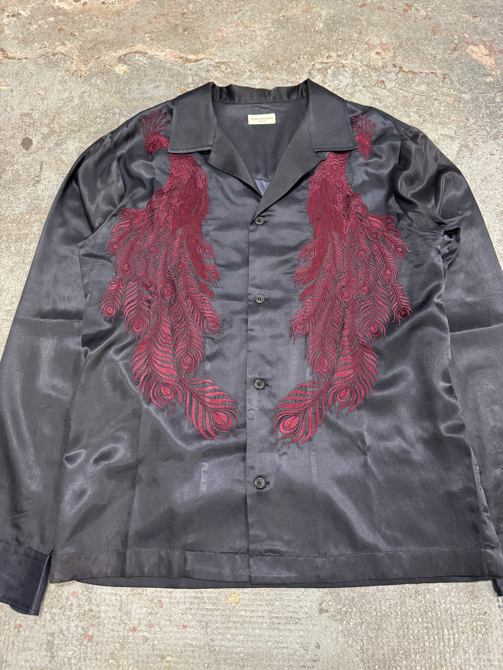 AW2016 Dries Van Noten Embroidered Peacock Feathers Black Satin Shirt (M/L)