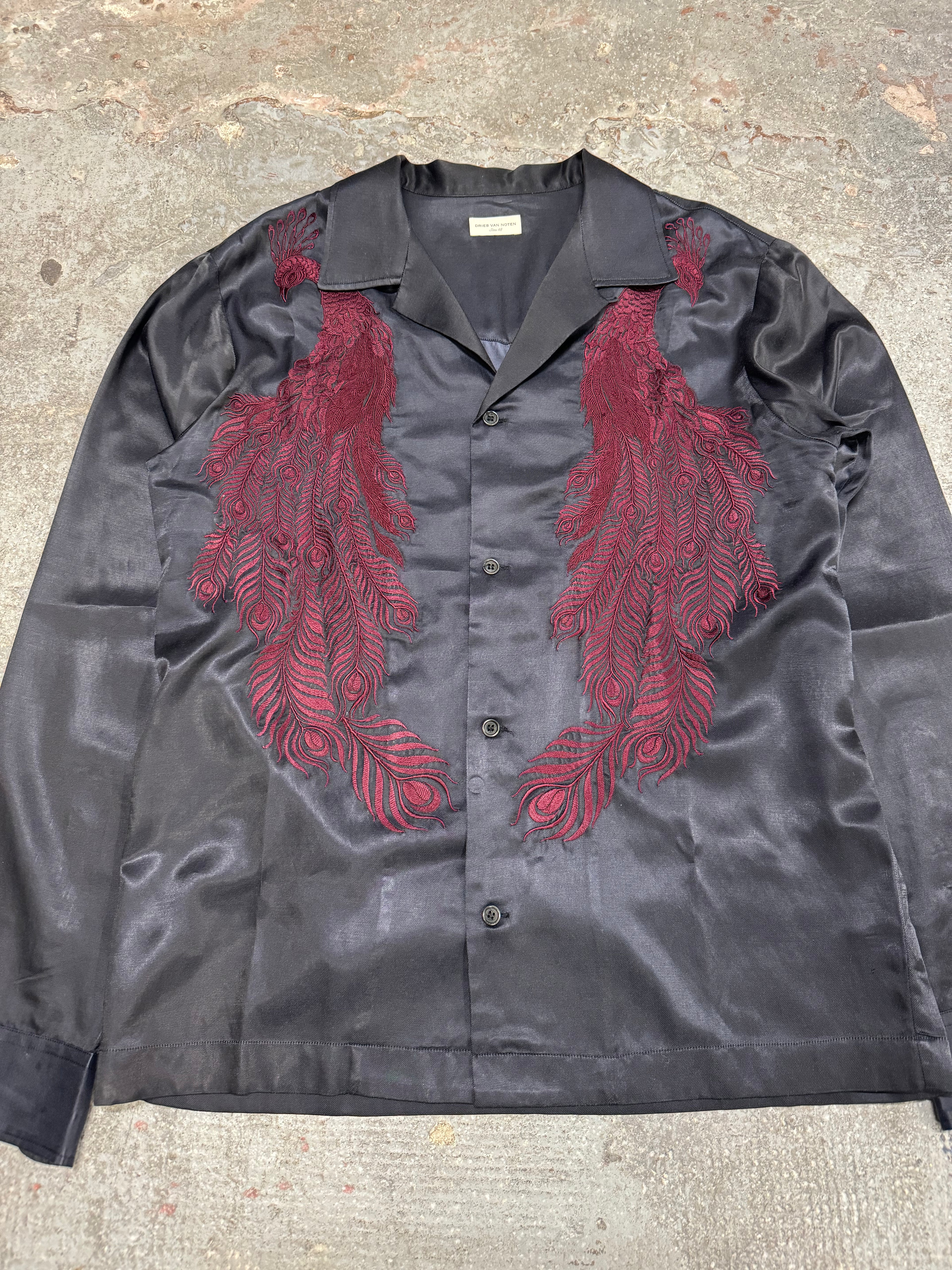 AW2016 Dries Van Noten Embroidered Peacock Feathers Black Satin Shirt (M/L)