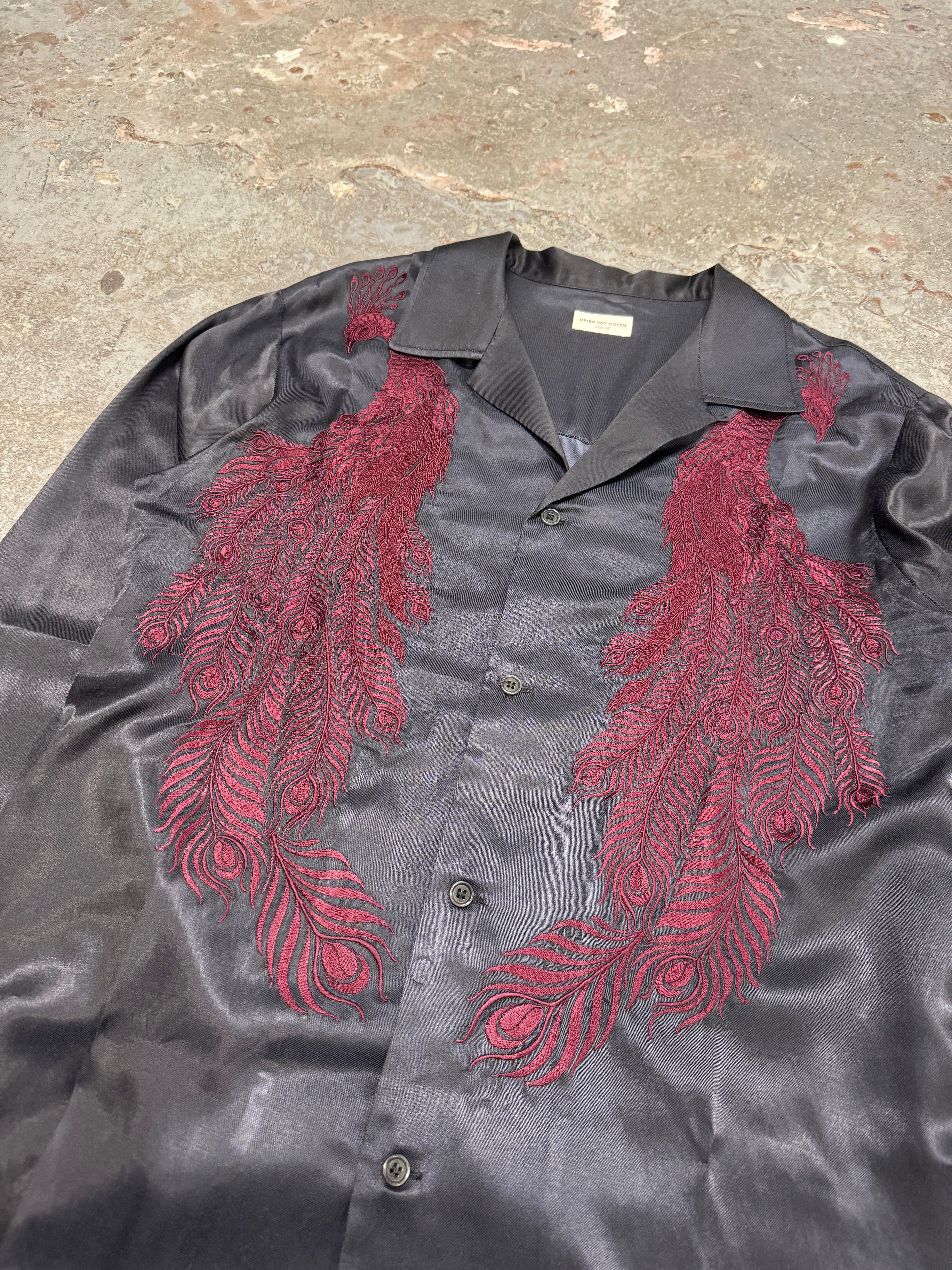 AW2016 Dries Van Noten Embroidered Peacock Feathers Black Satin Shirt (M/L)