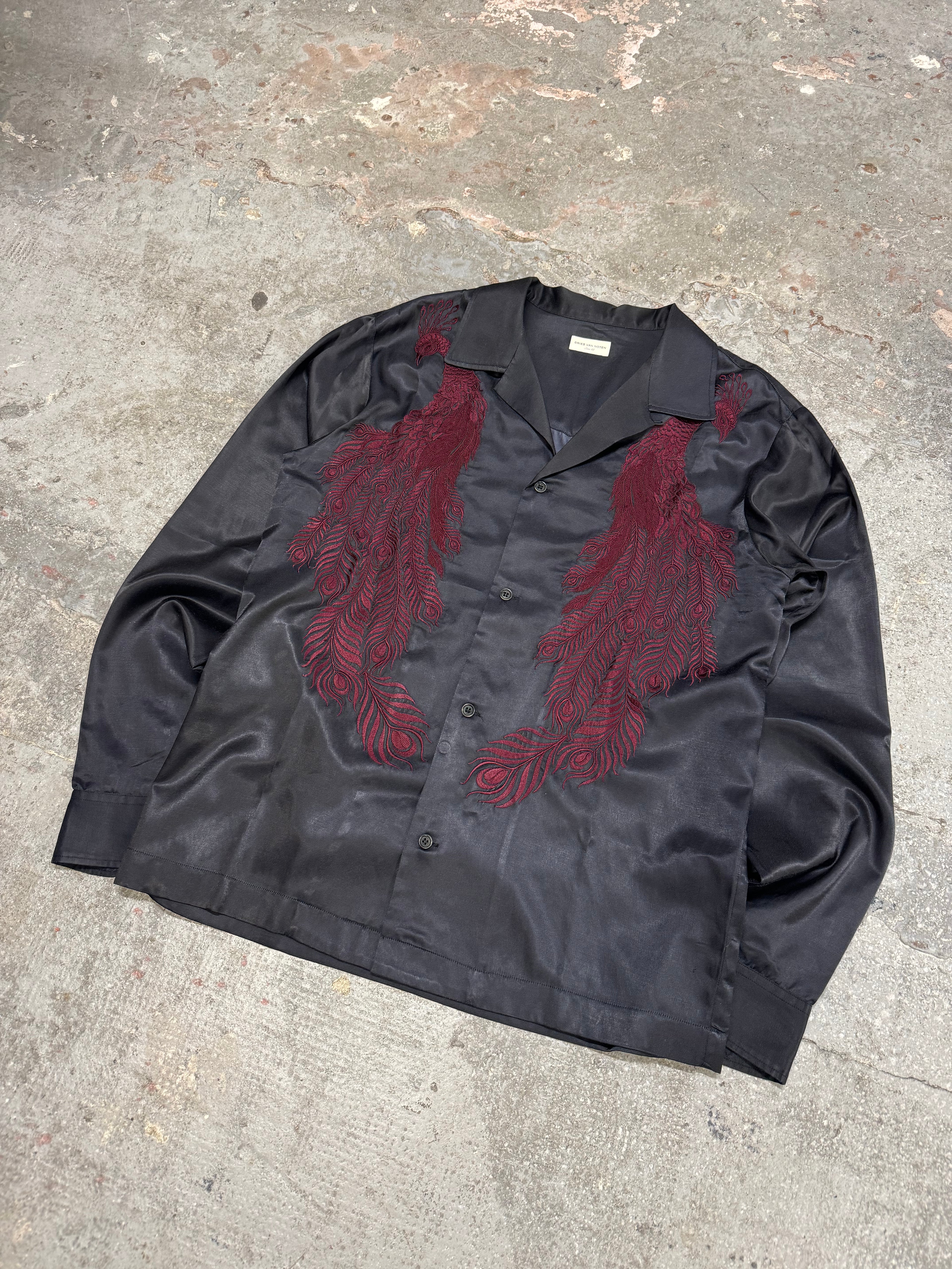 AW2016 Dries Van Noten Embroidered Peacock Feathers Black Satin Shirt (M/L)