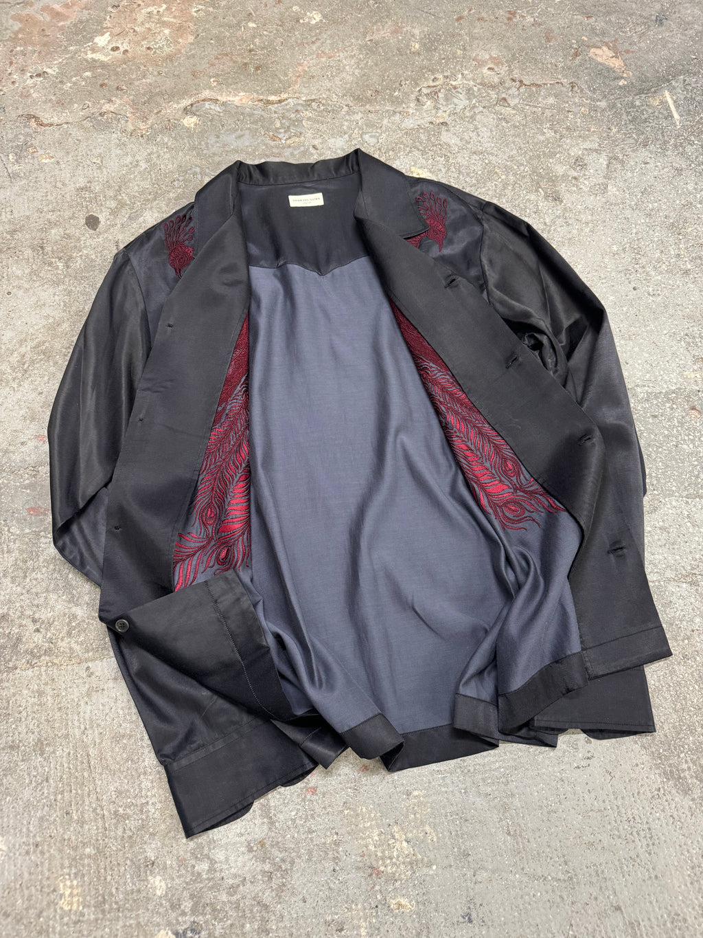 AW2016 Dries Van Noten Embroidered Peacock Feathers Black Satin Shirt (M/L)