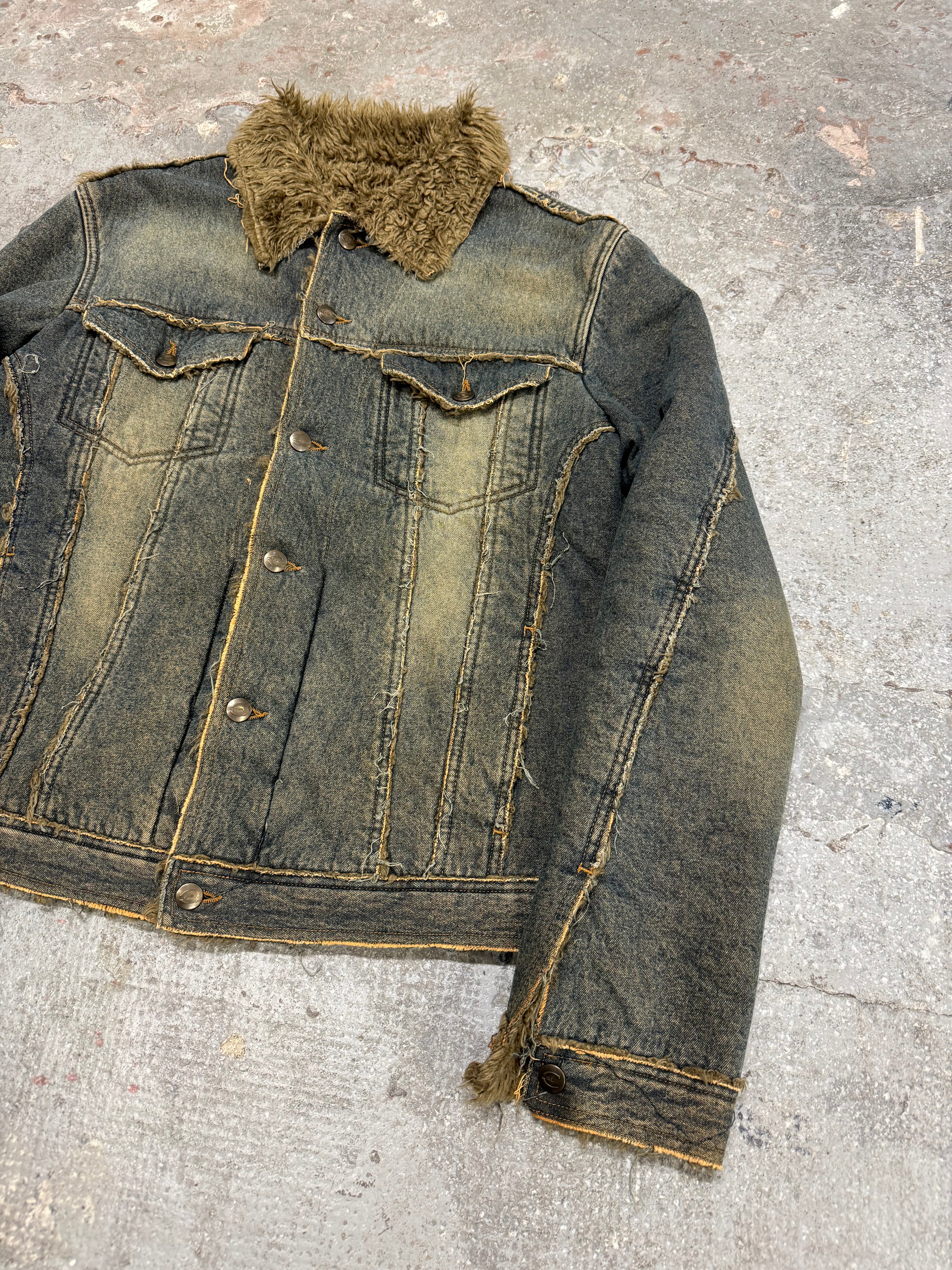 AW2005 Roberto Cavalli Blue Denim Fur Faded Jacket (L)
