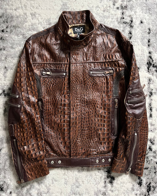 AW17 Dolce & Gabbana Crocodile-Effect Brown Leather Utility Jacket (S/M)