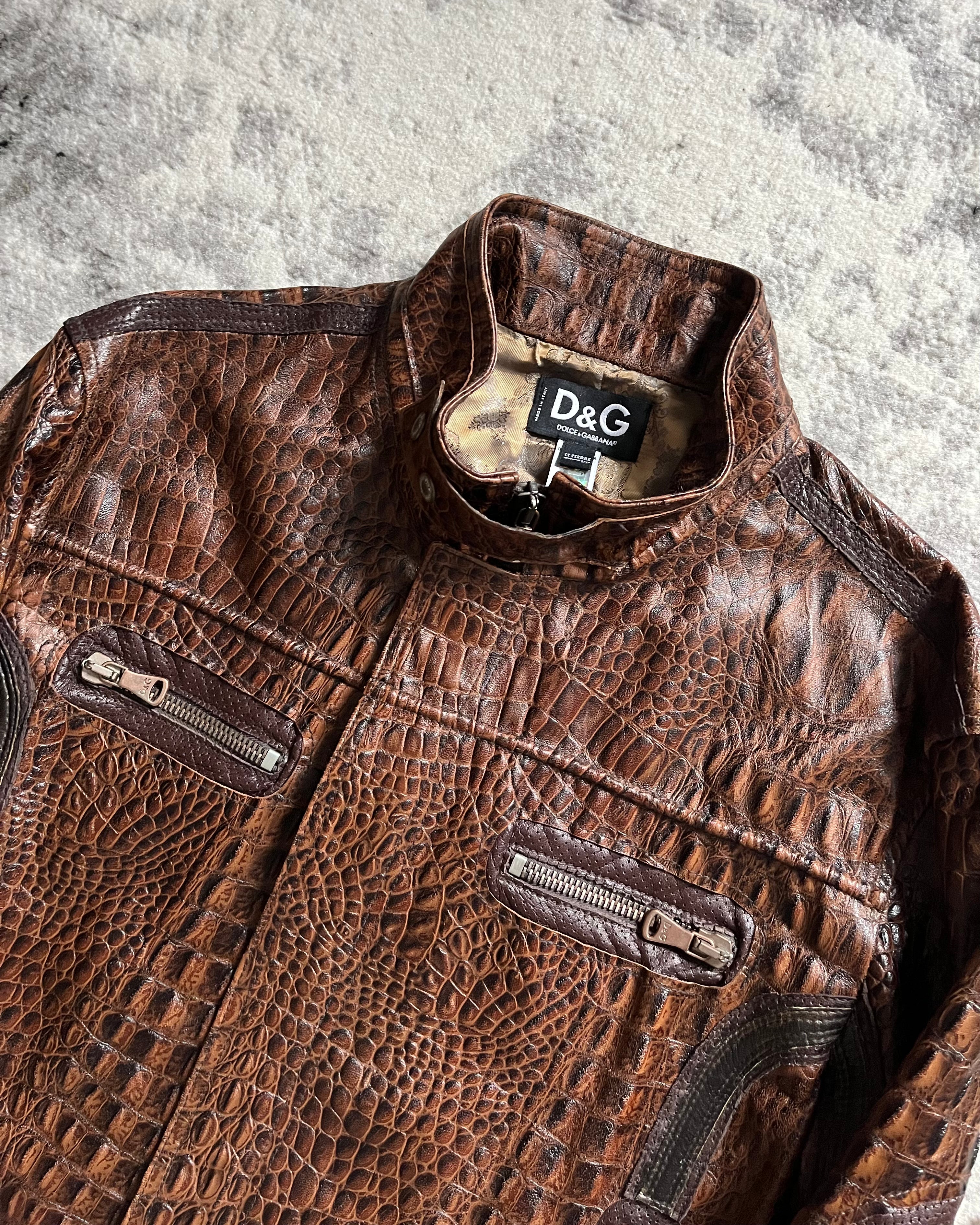 AW17 ドルチェ＆ガッバーナ クロコダイルエフェクト ブラウン レザー ユーティリティ ジャケット (S/M)