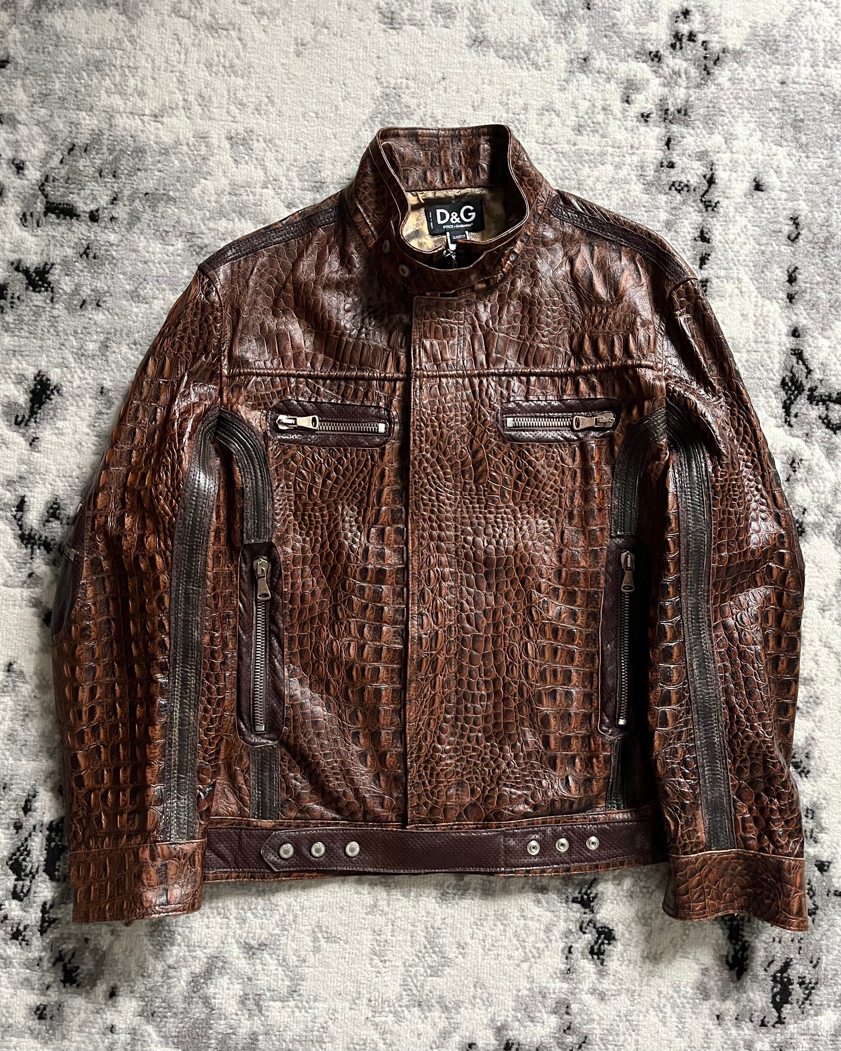 AW17 ドルチェ＆ガッバーナ クロコダイルエフェクト ブラウン レザー ユーティリティ ジャケット (S/M)