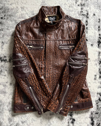 AW17 Dolce & Gabbana Crocodile-Effect Brown Leather Utility Jacket (S/M)