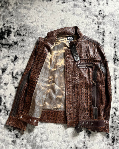 AW17 Dolce & Gabbana Crocodile-Effect Brown Leather Utility Jacket (S/M)