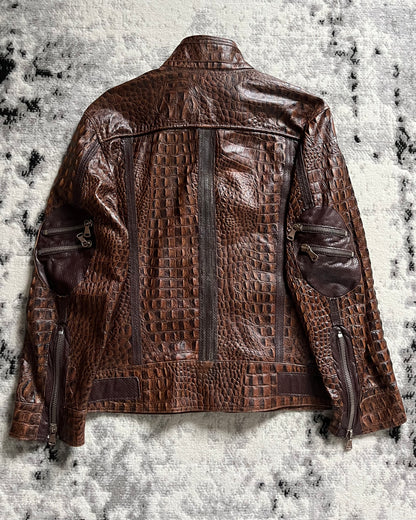 AW17 Dolce & Gabbana Crocodile-Effect Brown Leather Utility Jacket (S/M)