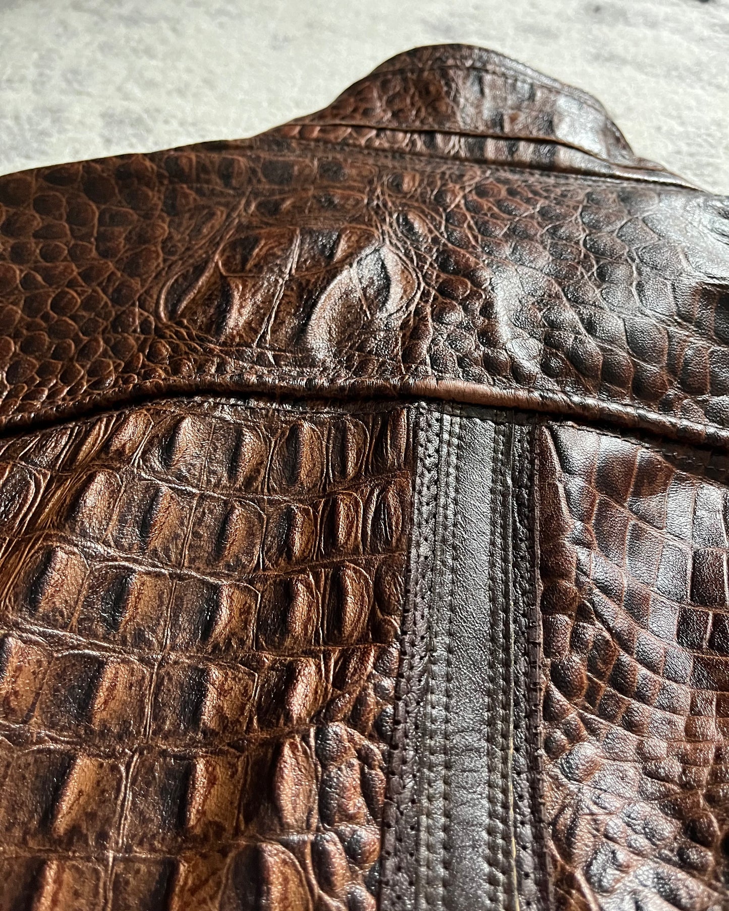 AW17 Dolce & Gabbana Crocodile-Effect Brown Leather Utility Jacket (S/M)