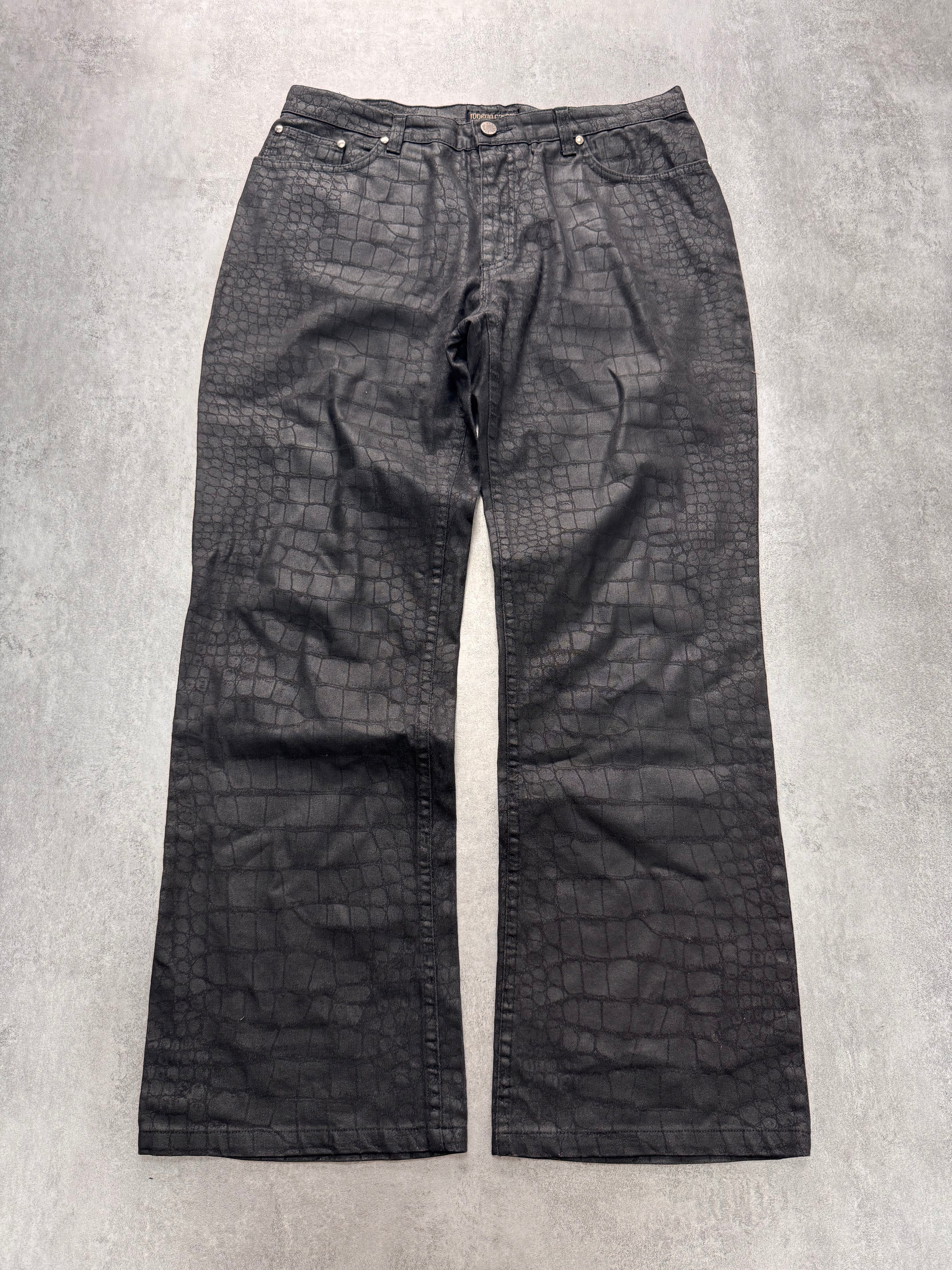 2000s Roberto Cavalli Crocodile Skin Effect Obscur Black Pants