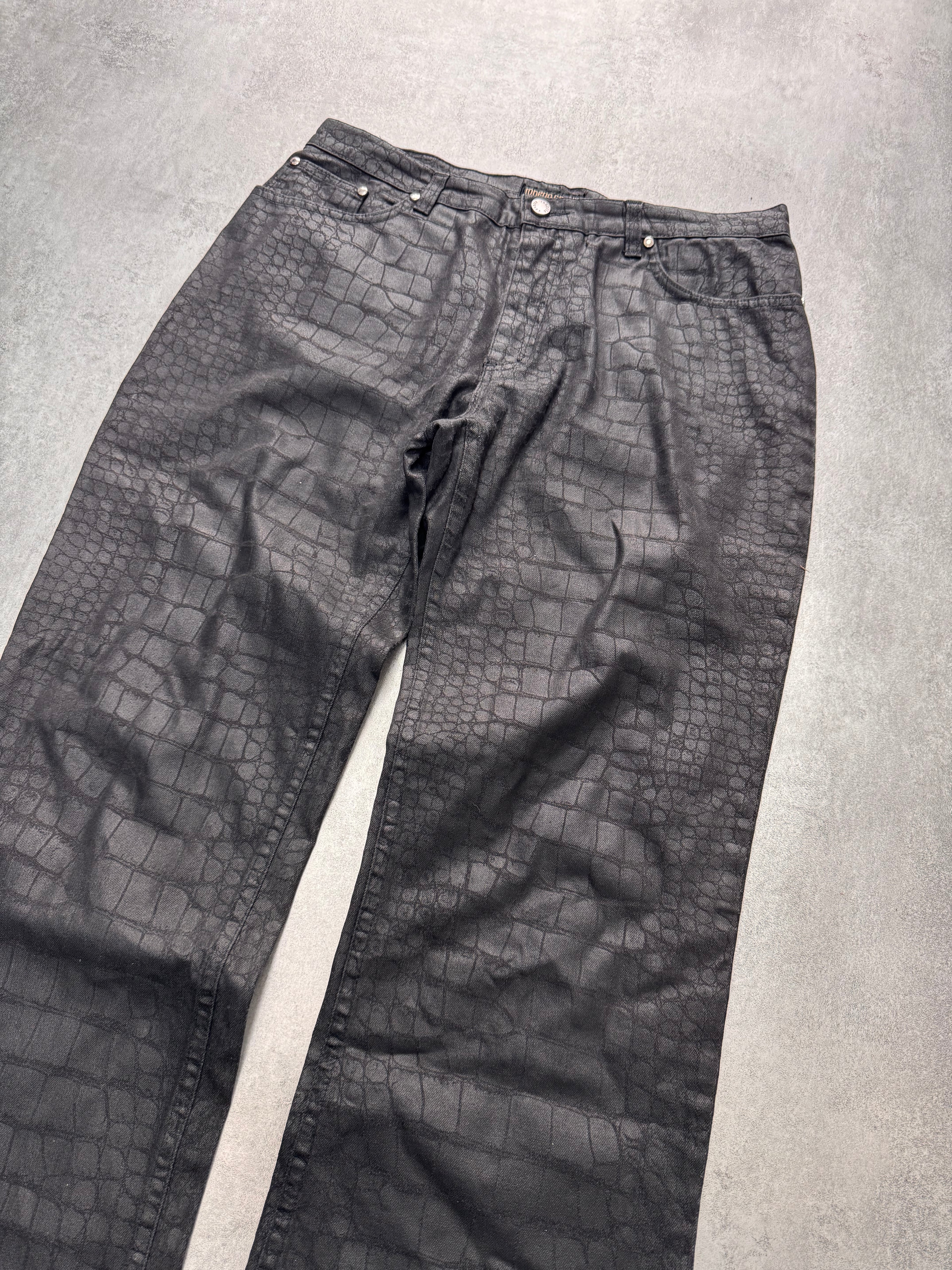 2000s Roberto Cavalli Crocodile Skin Effect Obscur Black Pants