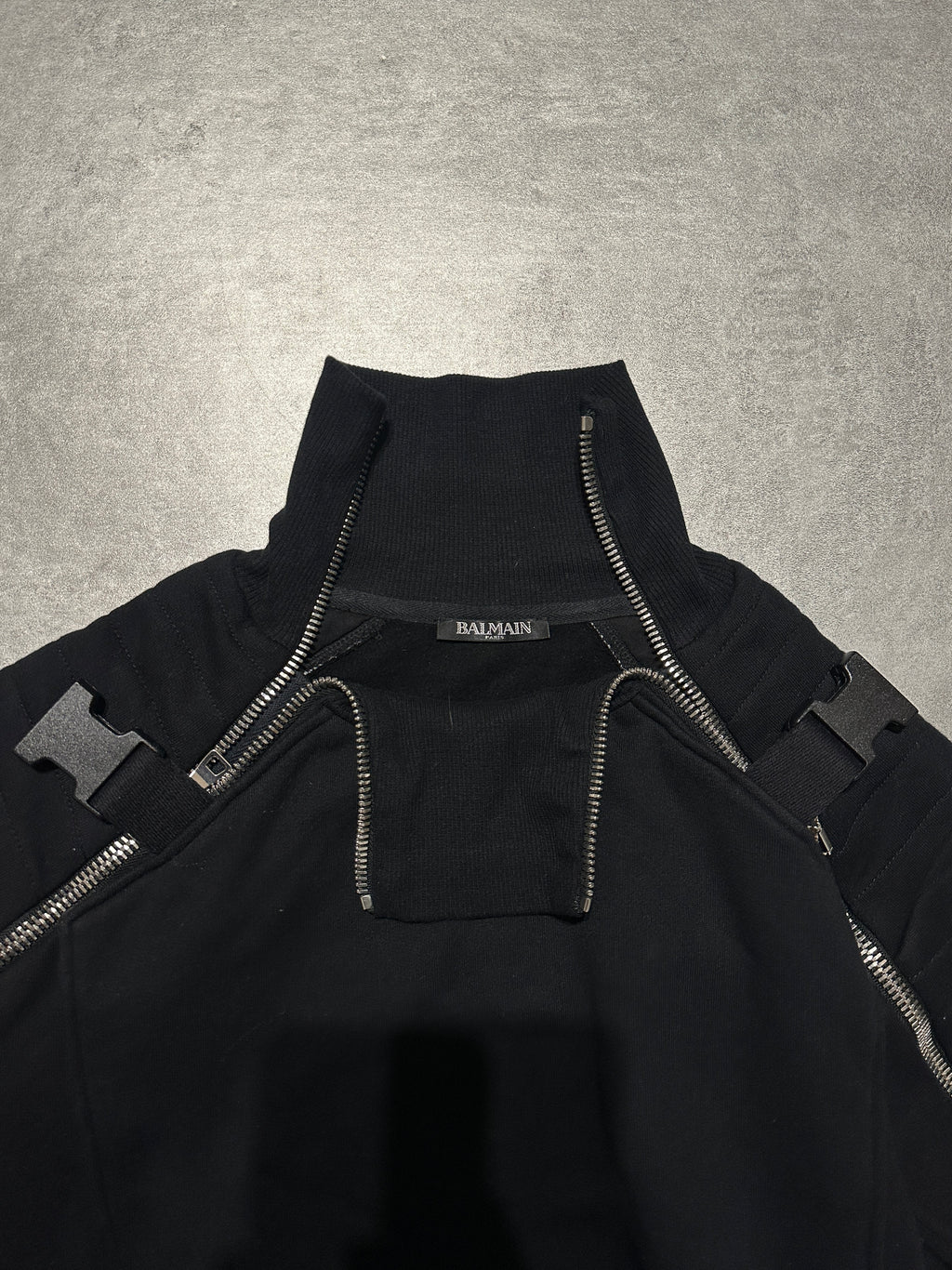 2000s Balmain Utility Arm Zippers Black Sweater (M)