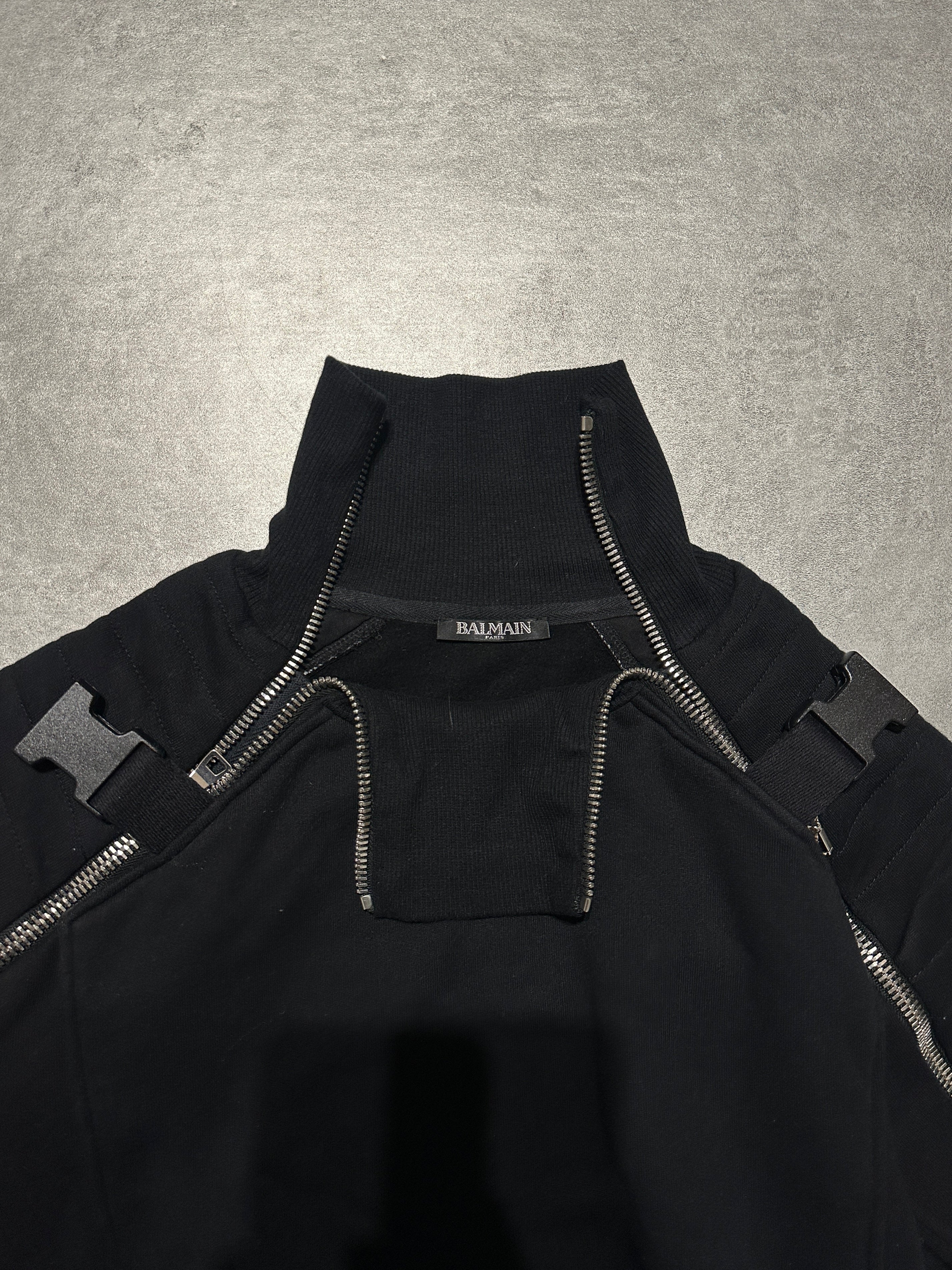 2000s Balmain Utility Arm Zippers Black Sweater (M)