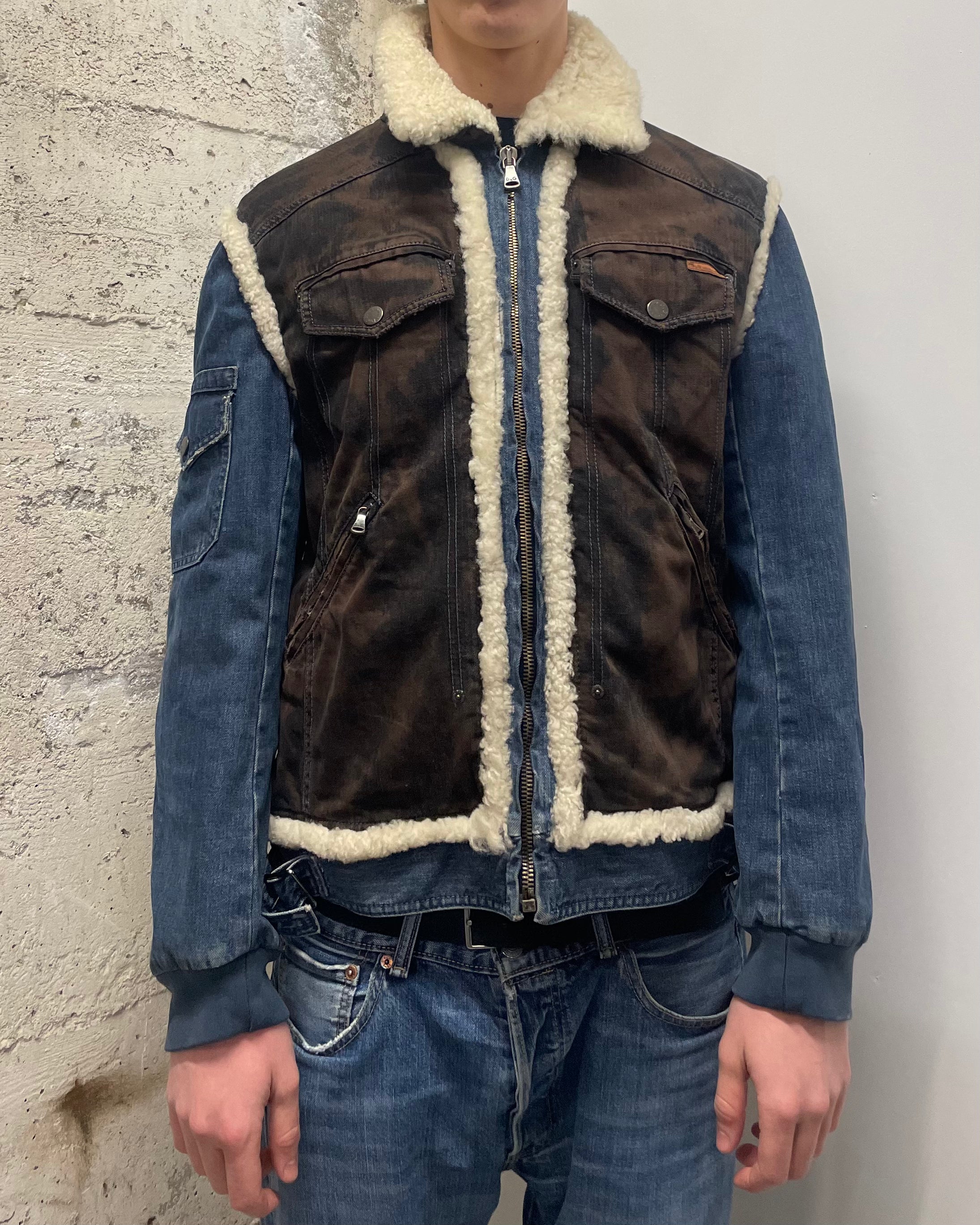AW2005 Dolce & Gabbana Shearling Denim Leather Jacket (M/L)