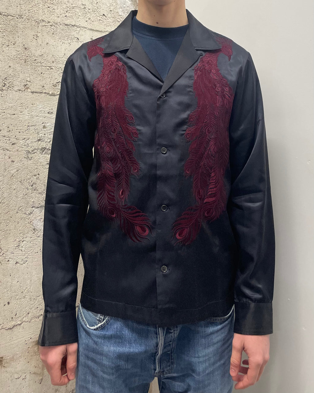 AW2016 Dries Van Noten Embroidered Peacock Feathers Black Satin Shirt (M/L)