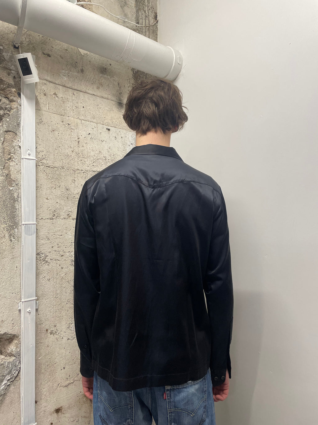 AW2016 Dries Van Noten Embroidered Peacock Feathers Black Satin Shirt (M/L)