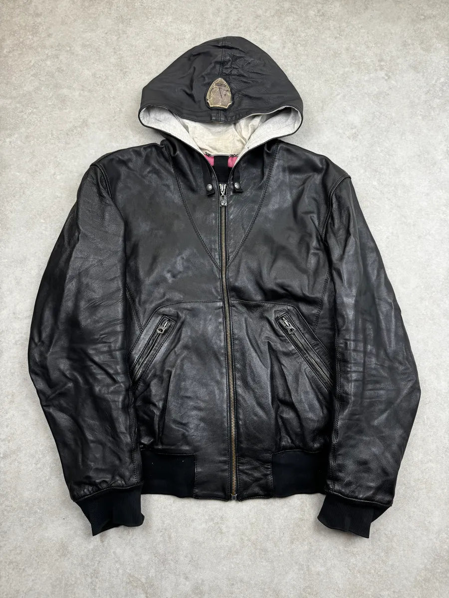 2000s Armani Black Leather Hooded Jacket XrdtCrb 0
