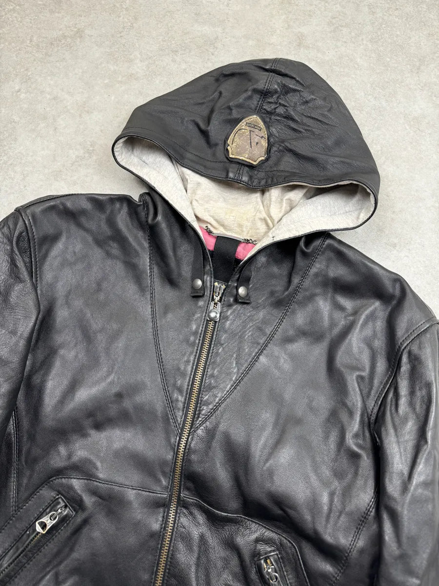 2000s Armani Black Leather Hooded Jacket XrdtCrb 4