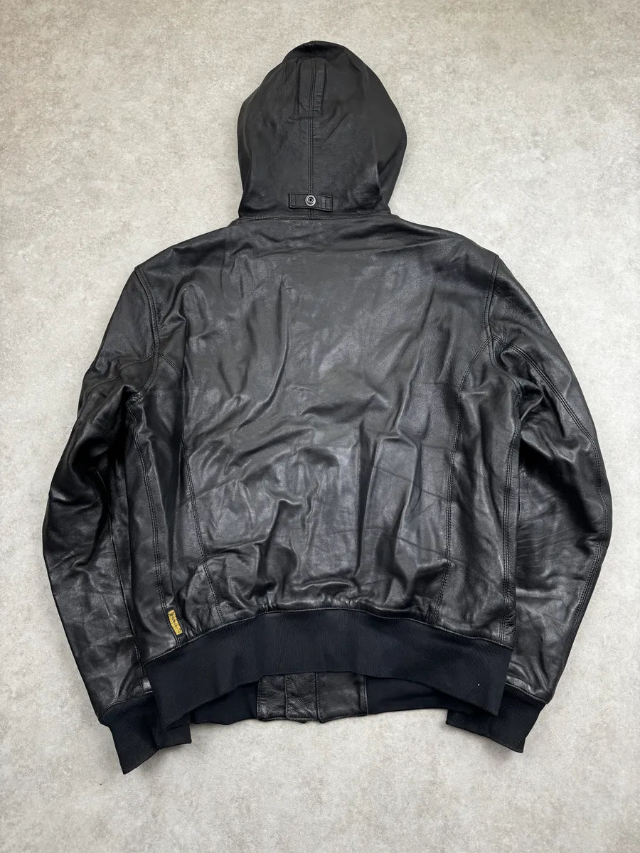 2000s Armani Black Leather Hooded Jacket XrdtCrb 1