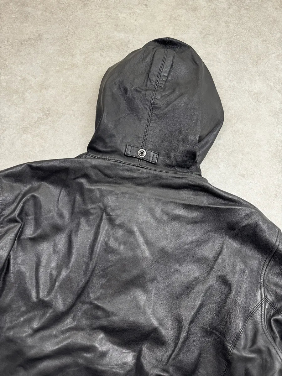 2000s Armani Black Leather Hooded Jacket XrdtCrb 5