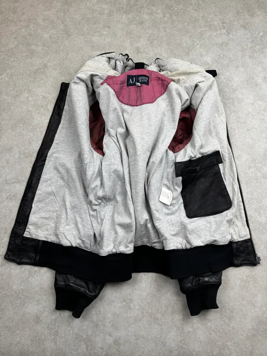 2000s Armani Black Leather Hooded Jacket XrdtCrb 7