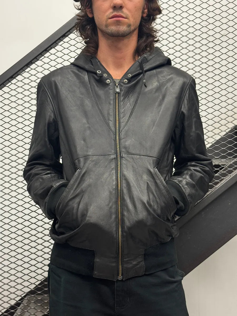 2000s Armani Black Leather Hooded Jacket XrdtCrb 2