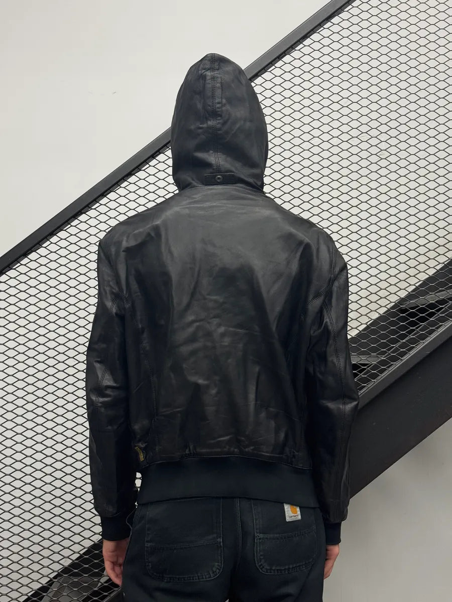2000s Armani Black Leather Hooded Jacket XrdtCrb 3
