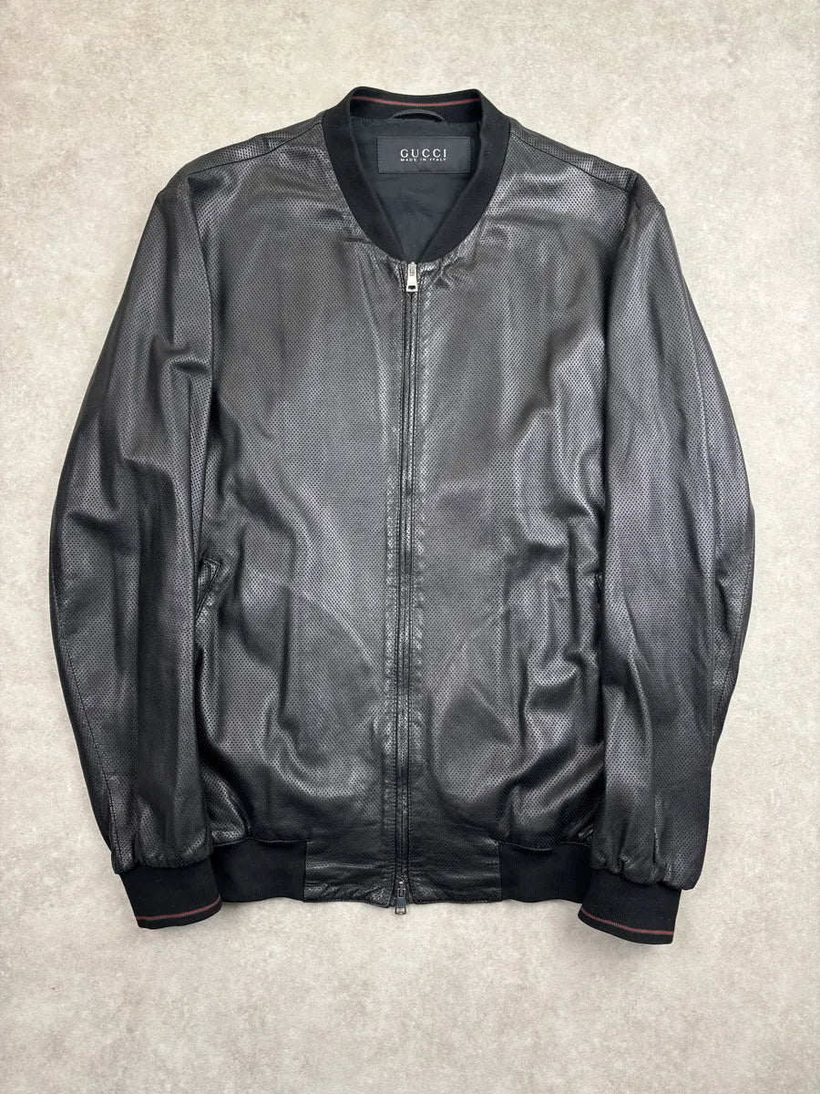 2000s Gucci Black Leather Perforated Bomber Jacket YfhNnvpi 0