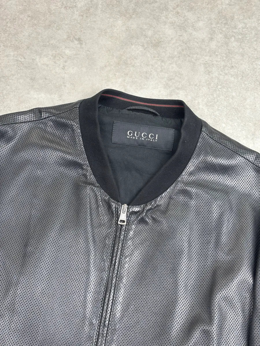 2000s Gucci Black Leather Perforated Bomber Jacket YfhNnvpi 8