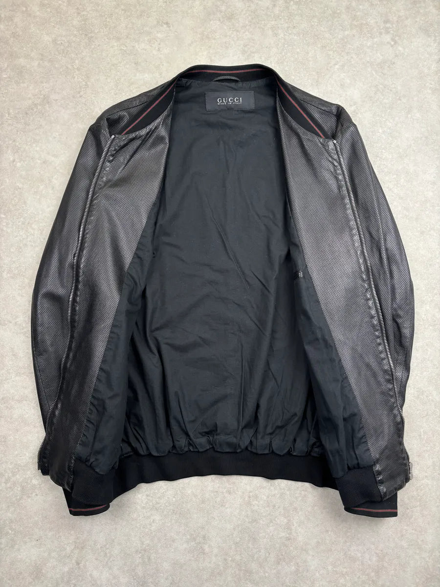 2000s Gucci Black Leather Perforated Bomber Jacket YfhNnvpi 3