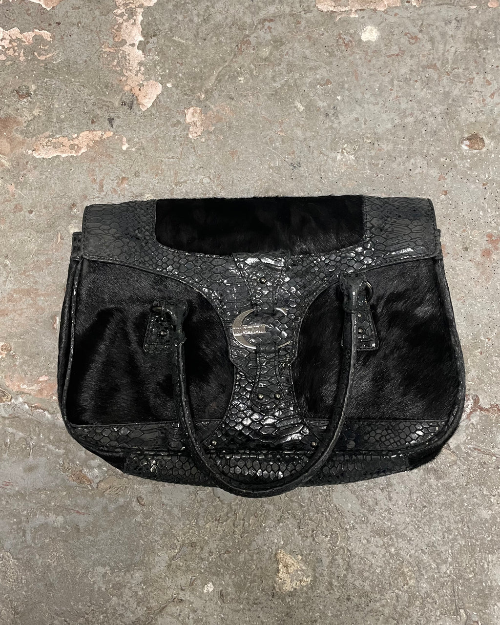 2000s Cavalli Pony Hair & Black Leather Python Effect Bag (OS)