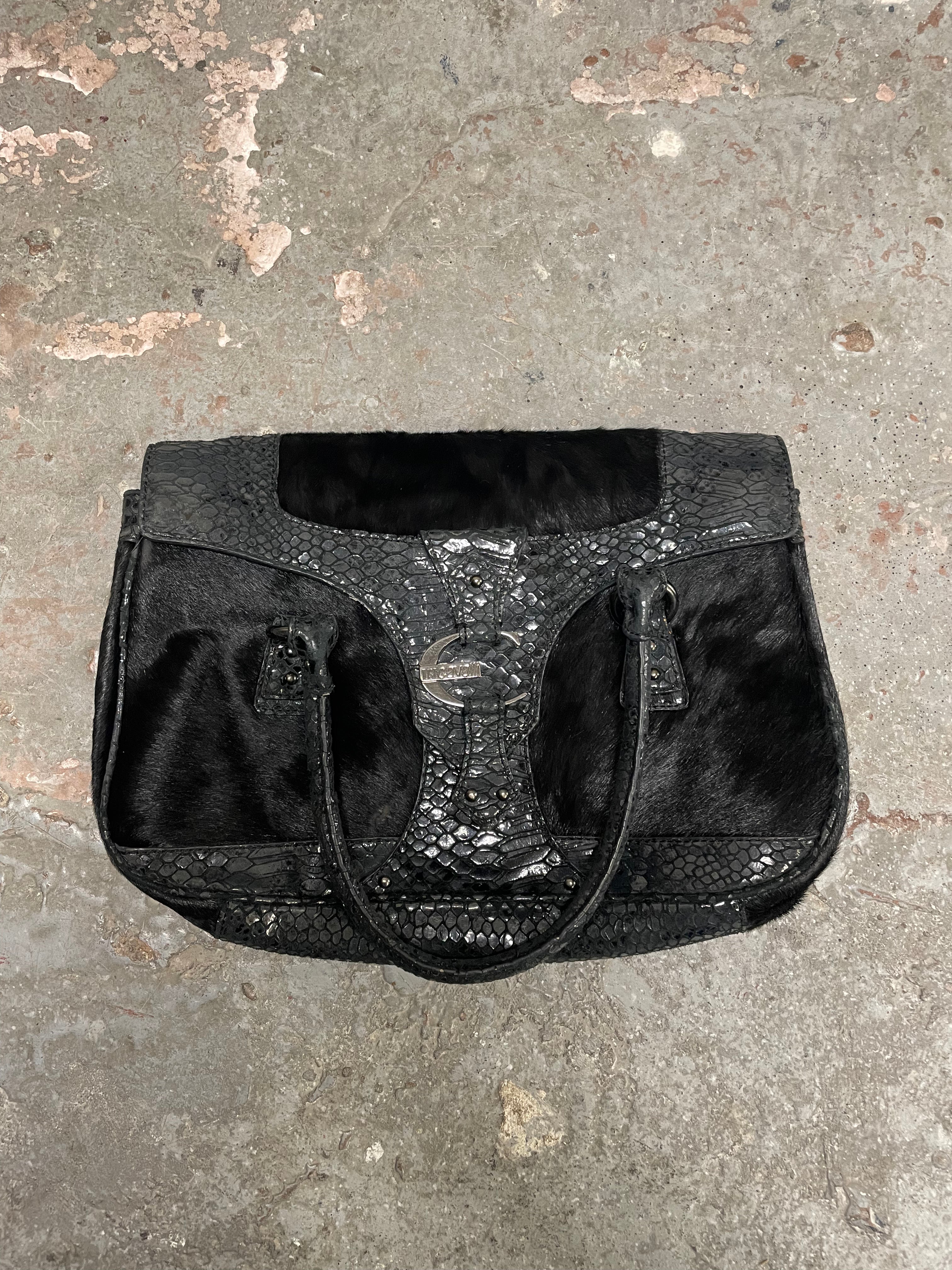2000s Cavalli Pony Hair & Black Leather Python Effect Bag (OS)
