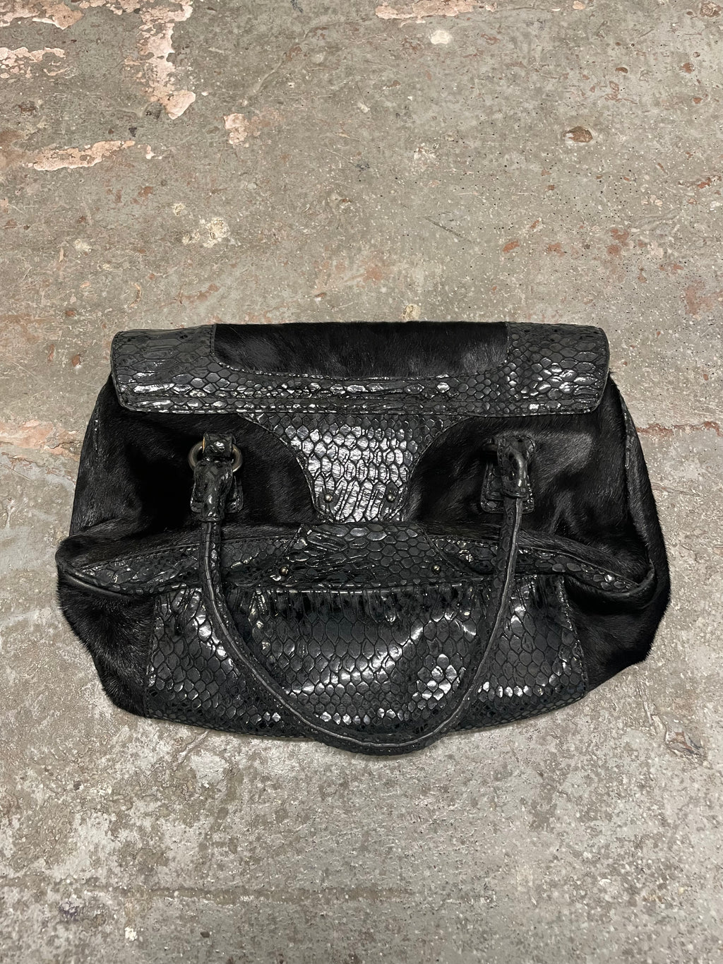 2000s Cavalli Pony Hair & Black Leather Python Effect Bag (OS)