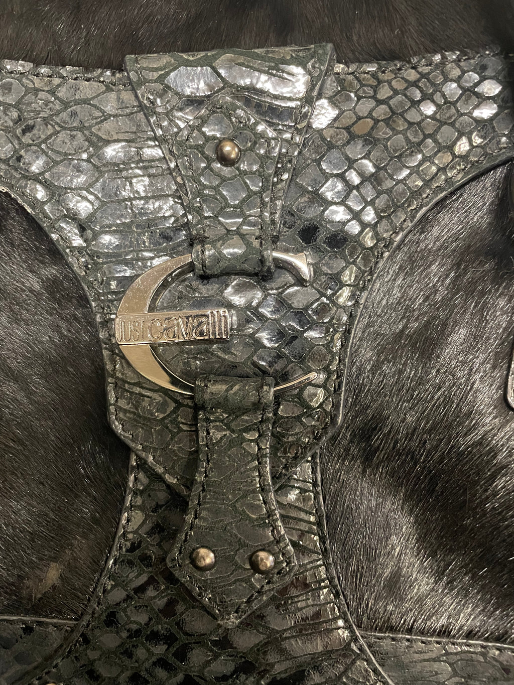 2000s Cavalli Pony Hair & Black Leather Python Effect Bag (OS)