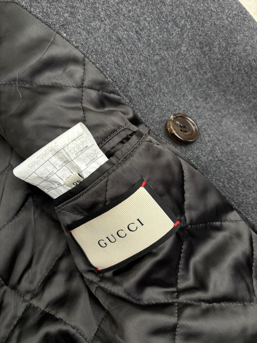 AW2017 Gucci Grey Wool Dragon Embroidered Double-Breasted Coat MSVUVgQA 11