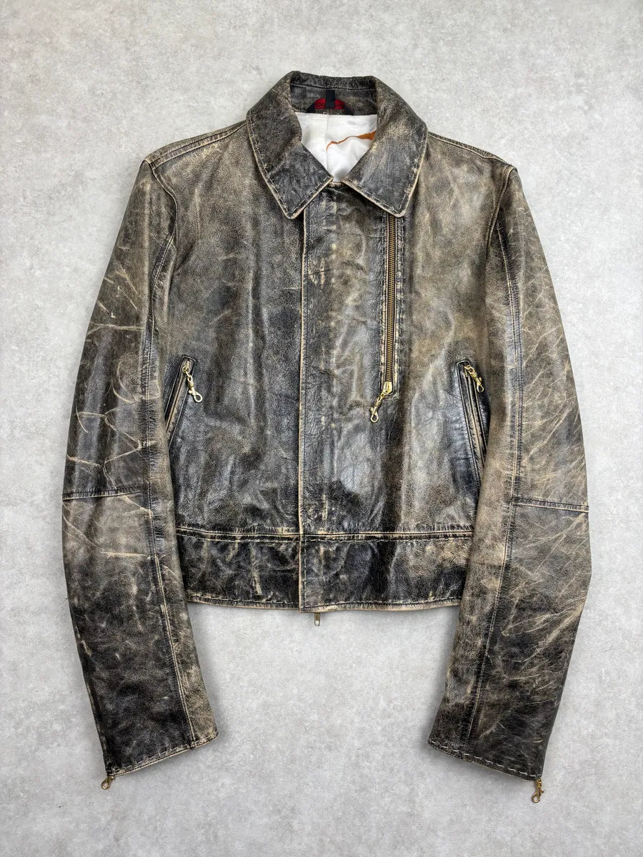 SS2001 Roberto Cavalli Grey Eroded Leather Distressed Asymmetrical Zip Leather Jacket xeRCBxjq 0