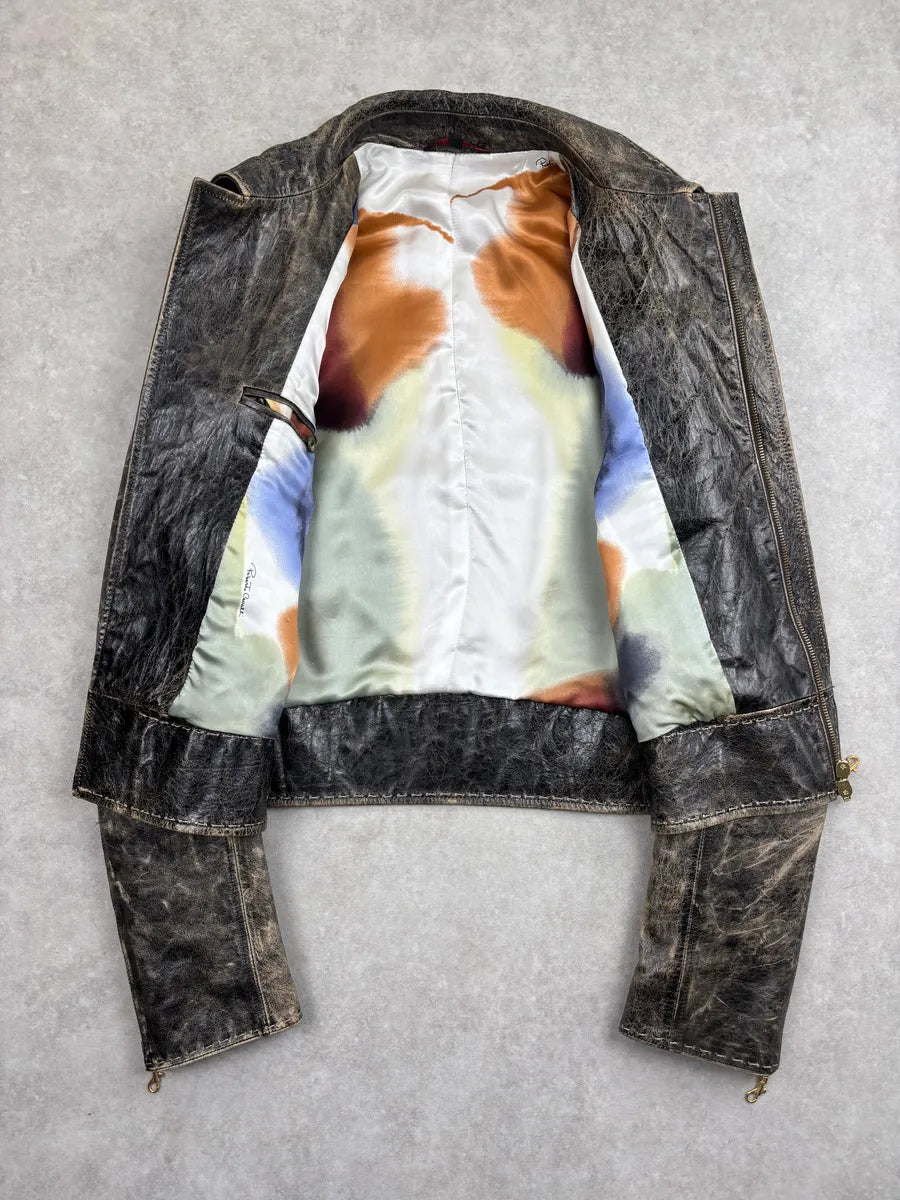 SS2001 Roberto Cavalli Grey Eroded Leather Distressed Asymmetrical Zip Leather Jacket xeRCBxjq 4