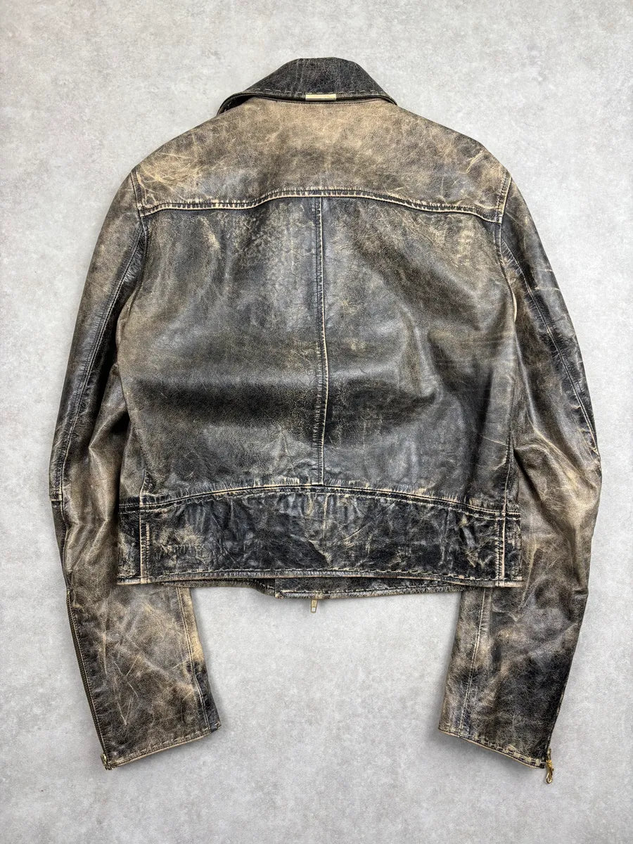 SS2001 Roberto Cavalli Grey Eroded Leather Distressed Asymmetrical Zip Leather Jacket xeRCBxjq 5