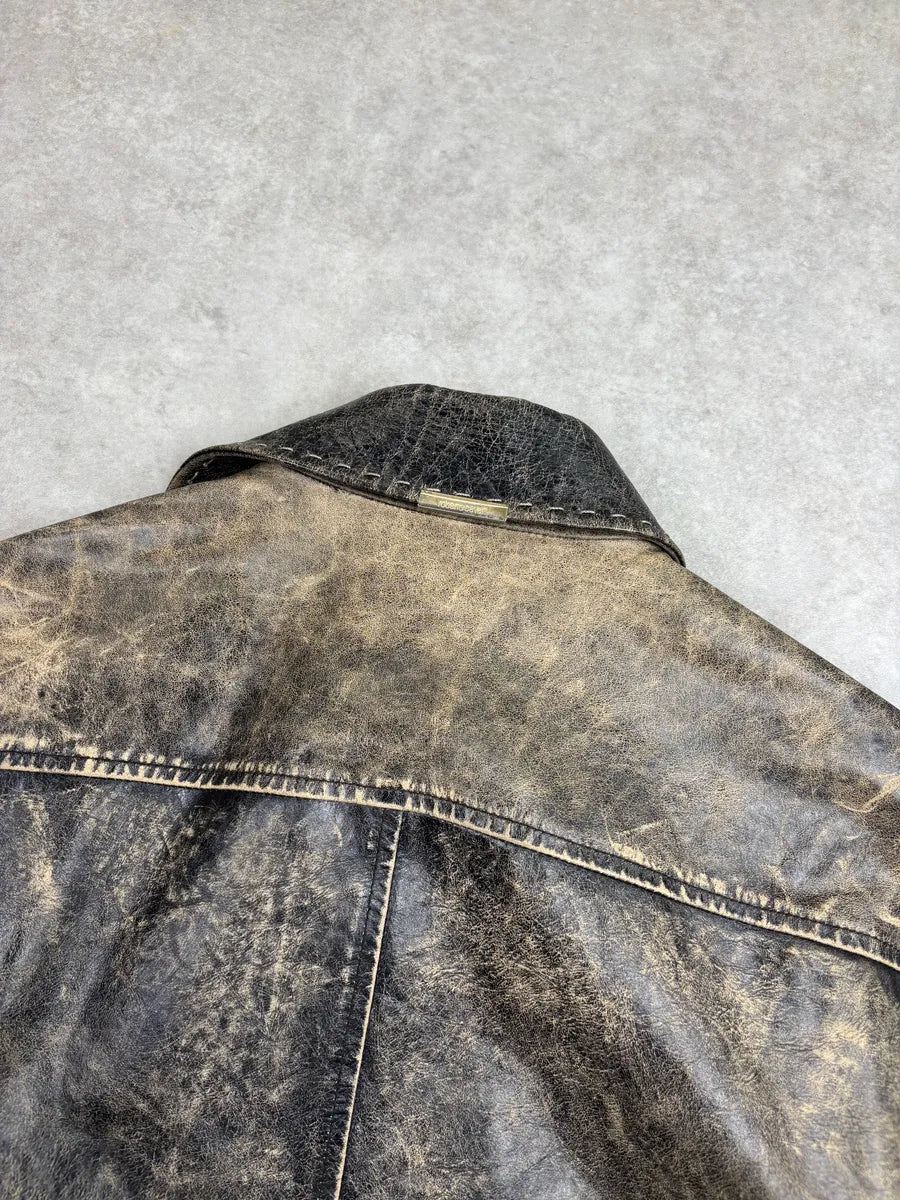 SS2001 Roberto Cavalli Grey Eroded Leather Distressed Asymmetrical Zip Leather Jacket xeRCBxjq 9