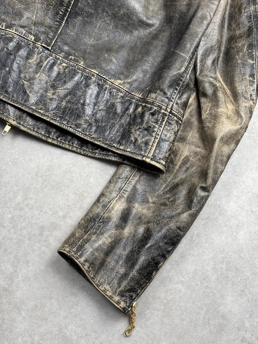 SS2001 Roberto Cavalli Grey Eroded Leather Distressed Asymmetrical Zip Leather Jacket xeRCBxjq 11