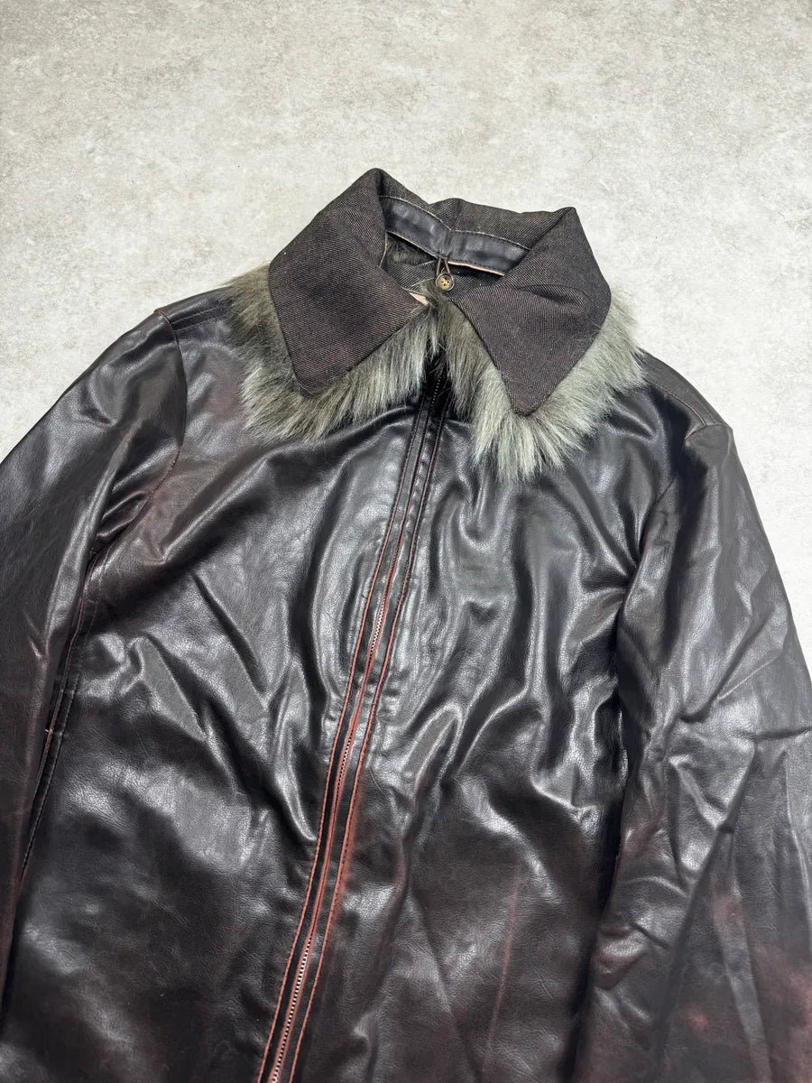 2000s Gianfranco Ferré Dark Brown Leather Detachable Faux Fur Collar Leather Jacket hJuvFHWs 7