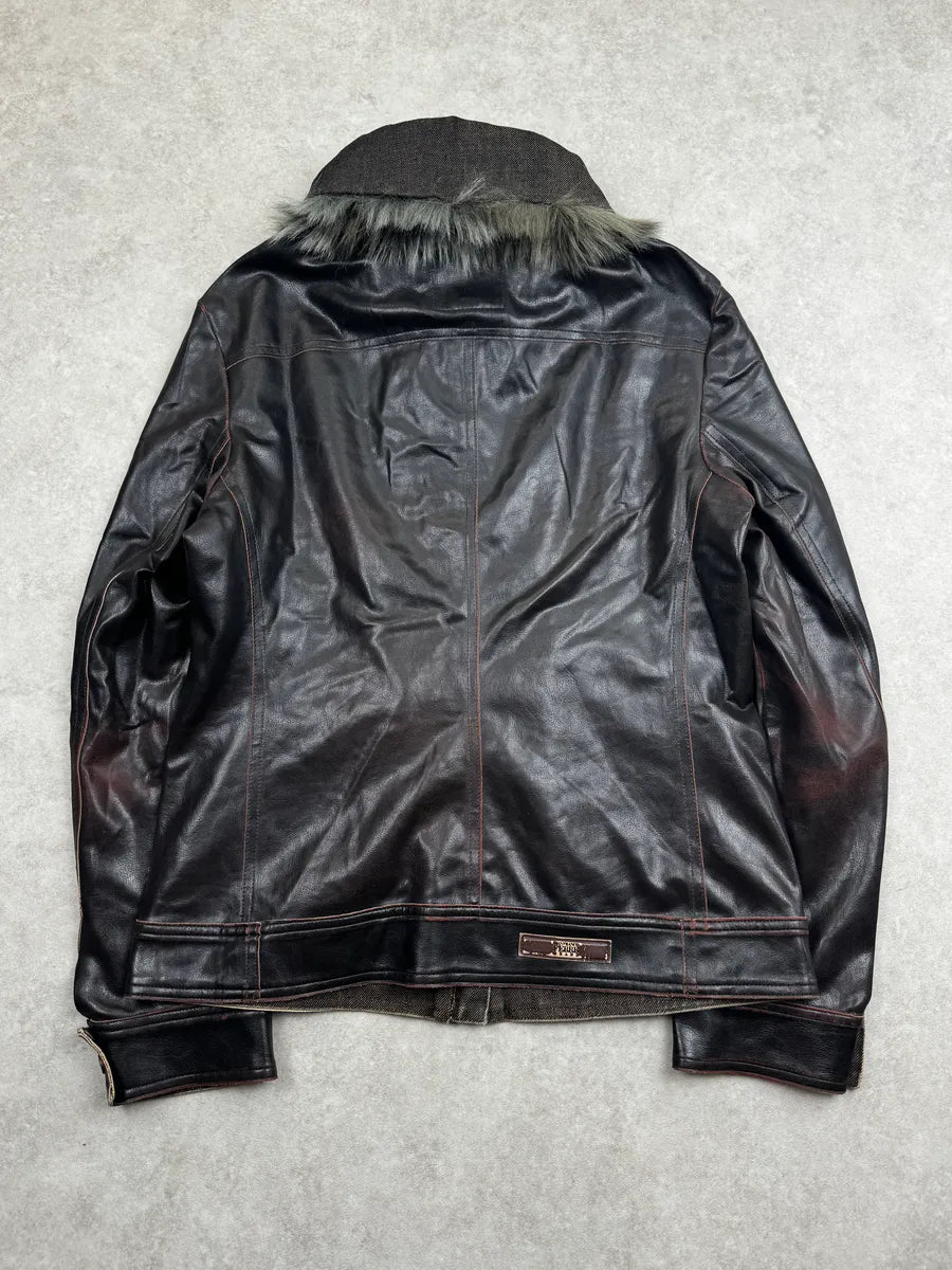 2000s Gianfranco Ferré Dark Brown Leather Detachable Faux Fur Collar Leather Jacket hJuvFHWs 2