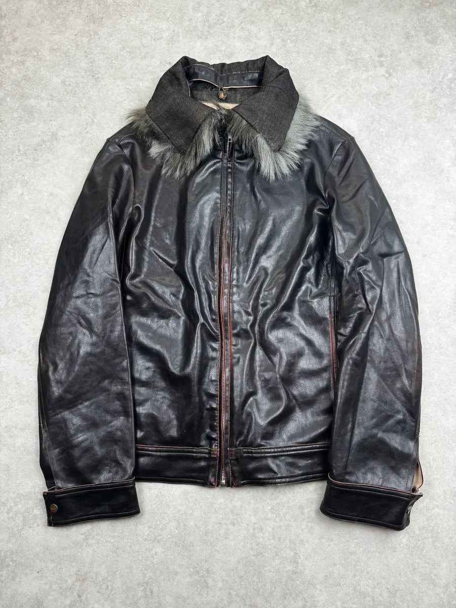 2000s Gianfranco Ferré Dark Brown Leather Detachable Faux Fur Collar Leather Jacket hJuvFHWs 1