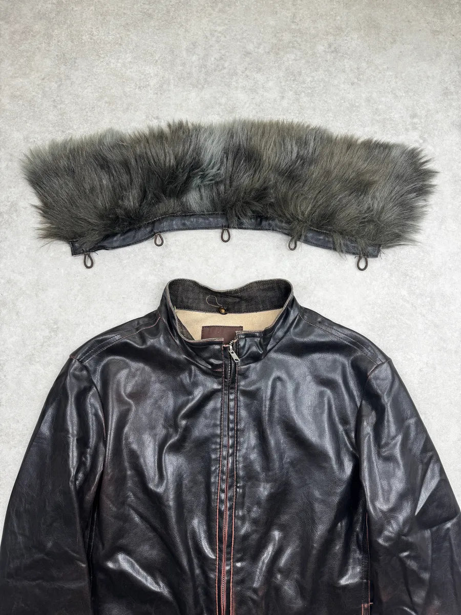 2000s Gianfranco Ferré Dark Brown Leather Detachable Faux Fur Collar Leather Jacket hJuvFHWs 9