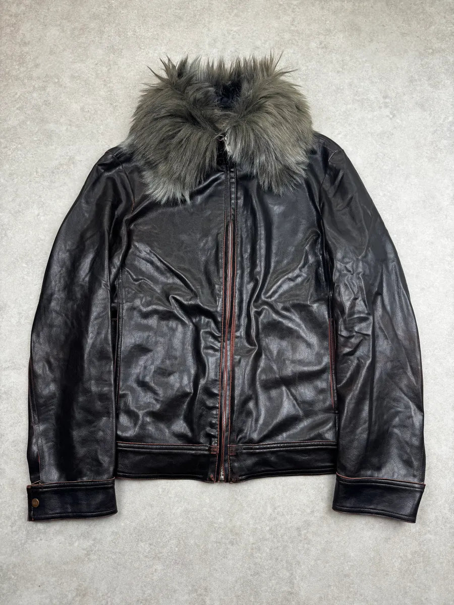 2000s Gianfranco Ferré Dark Brown Leather Detachable Faux Fur Collar Leather Jacket hJuvFHWs 0