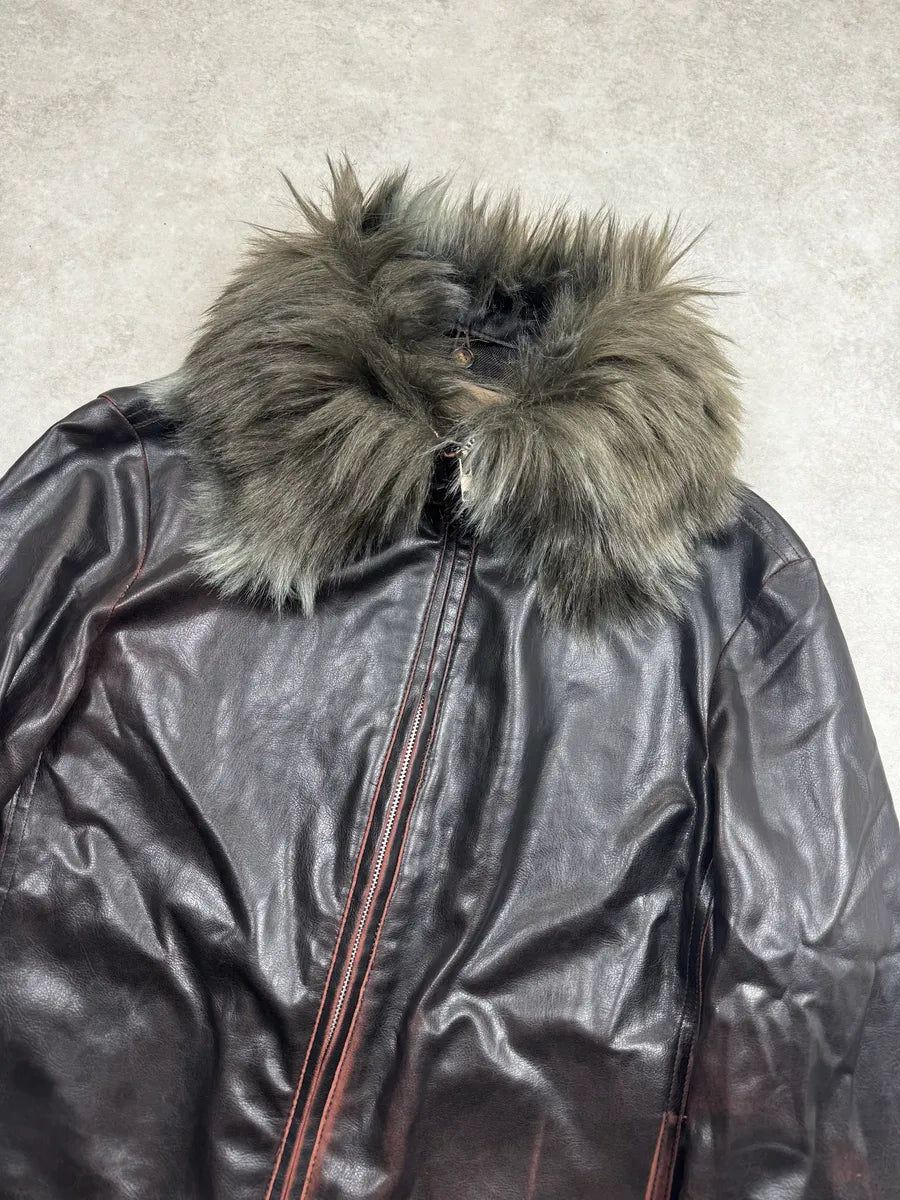 2000s Gianfranco Ferré Dark Brown Leather Detachable Faux Fur Collar Leather Jacket hJuvFHWs 5