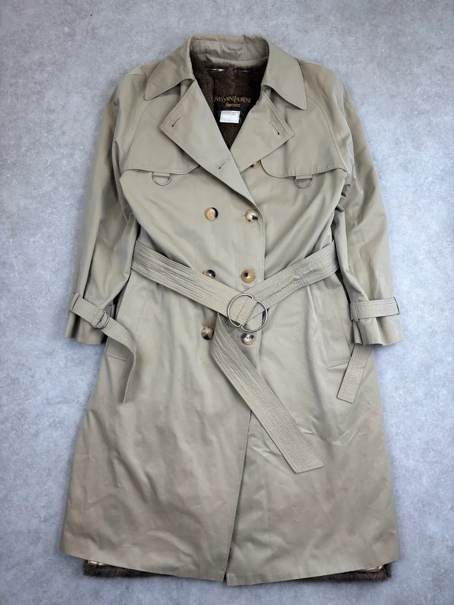 1970s Yves Saint Laurent Beige Squirrel Fur-Lined Double-Breasted Trench Coat FudbhCrX 4